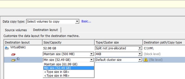 VM converter destination layout size capacity