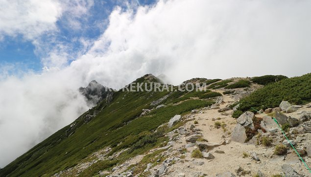 伊那前岳 登山道 雲の中